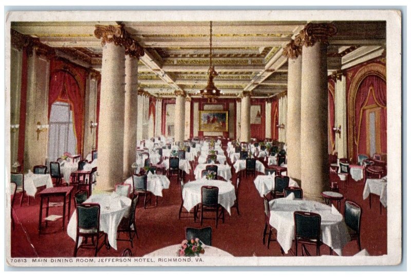 1913 Main Dining Room Jefferson Hotel Richmond Virginia VA Phostint Postcard 