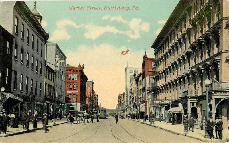 Postcard C-1910 Pennsylvania Harrisburg Market Street trolleys autos PA24-1447