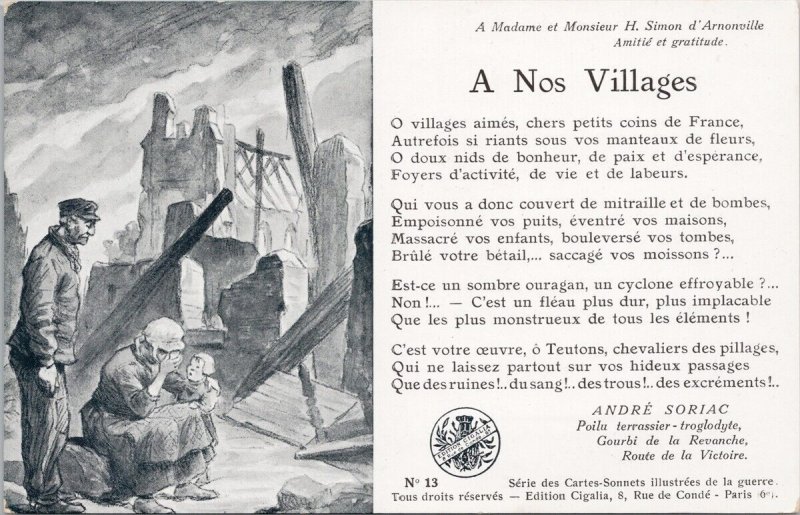 A Nos Village Cartes-Sonnets Illustrees Poem Politics Andre Soriac Postcard H61