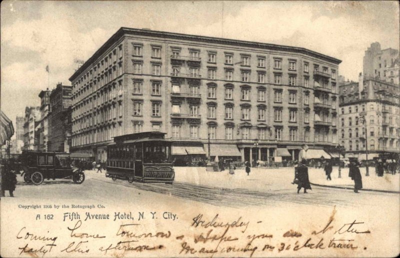 New York City NYC NY Fifth Ave Hotel Trolley Streetcar c1905 Vintage Postcard