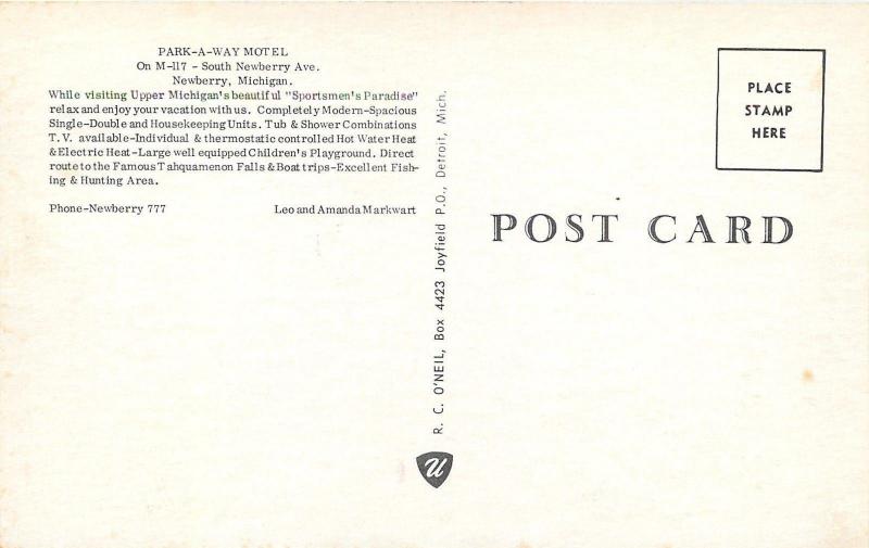 Newberry Michigan~Park-A-Way Motel~1960s Cars~Postcard