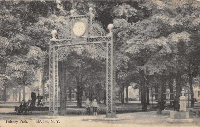 Bath New York~Pultney Park~Kids on Bicycle under Clock Arch~Men by Fountain~1910