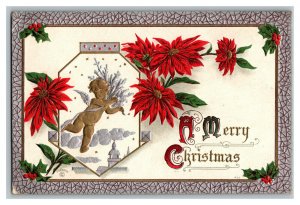 Postcard A Merry Christmas Angel Poinsettias Vintage Standard View Embossed Card