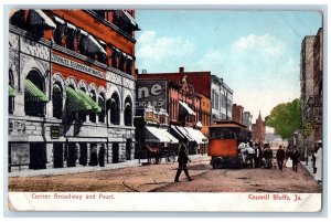 Council Bluffs Iowa IA Postcard Corner Broadway and Pearl 1908 Posted Antique