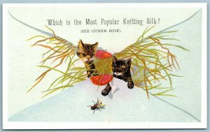 AUBURN NY KNITTING SILK ANTIQUE ADVERTISING VICTORIAN TRADE CARD CATS PLAY w/FLY