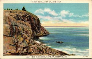 Headland Atlantic Coast Great Head Bar Harbor Maine ME Linen Postcard VTG UNP 