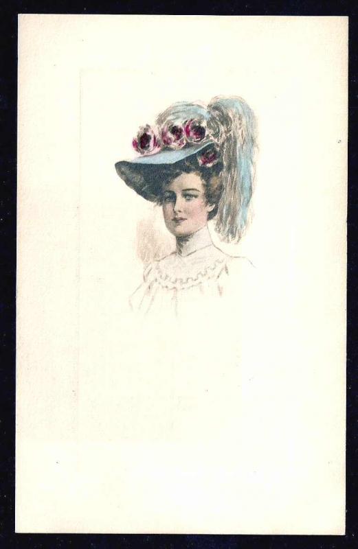 Pretty Lady in a Fancy Hat Flowers used c1910