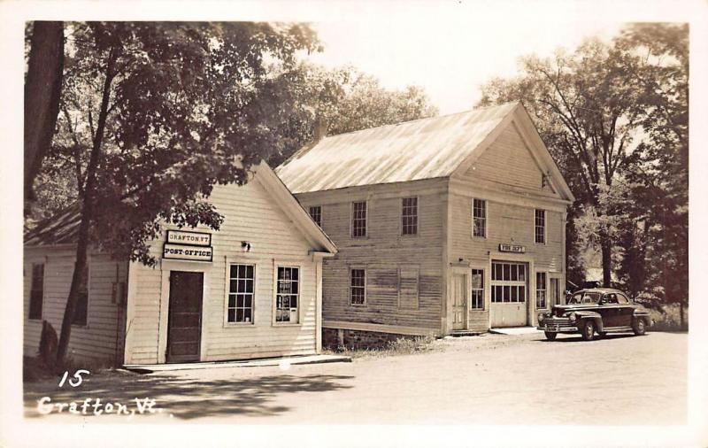 Grafton VT Post Office and Fire Department old Car RPPC