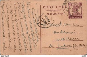 India Postal Stationery George VI 1/2 A to Indore Akashdeep