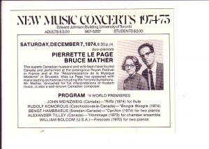 New Music Concerts, 1974-75, University of Toronto, Ontario,