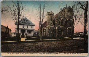 HOLLEY, New York Hand-Colored Postcard St. Mary's Church & Rectory 1908 Cancel 