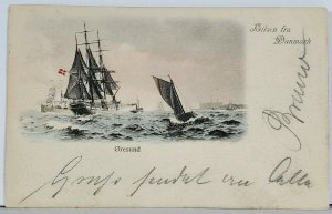 Denmark 1902 Hilsen fra Danmark Oresund ~ The Sound~ Sailing Ships Postcard K17