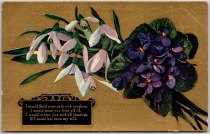Flower Bouquet Violets Pink Petals Greetings with Note Posted Postcard 