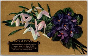 Flower Bouquet Violets Pink Petals Greetings with Note Posted Postcard