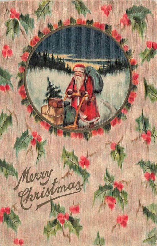 c1910 Christmas Santa Claus Snow Sled Sack Embossed Germany P113 