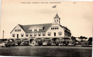 Postcard MA Falmouth Cape Cod Tower Hotel Classic Cars 1940s H18