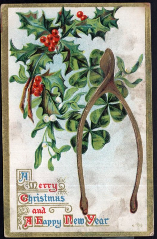 A Merry Christmas A happy New Year Turkey Bone and Holly Embossed - pm1910 - DB