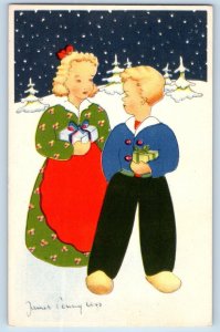 Christmas Postcard Dutch Children With Gifts On Winter Scene Harvey Illinois IL