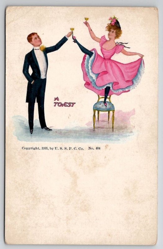 American Beauty Woman Pink Dress And Man In Tuxedo Toast Drinks Postcard T28
