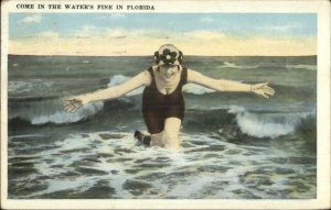 Bathing Beauty Bent Over THE WATER'S FINE IN FLORIDA c1920 Postcard