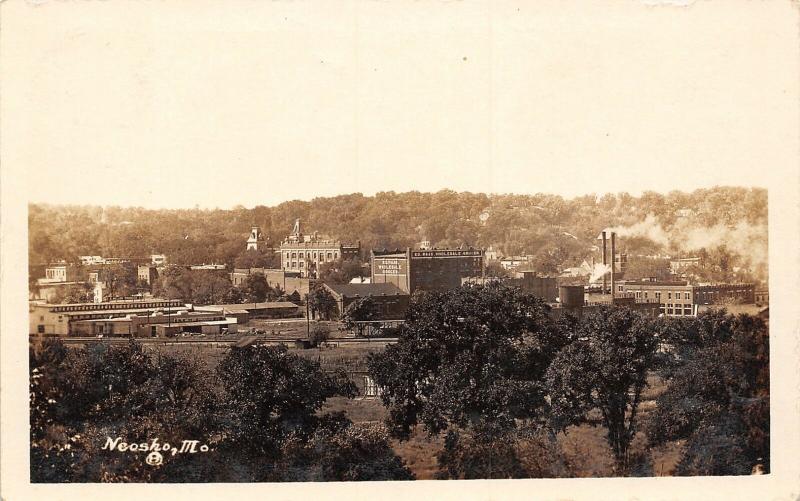 Neosho MO~Panorama~RR Tracks~Ed Haas Wholesale Grocer~Miller Produce~1920s RPPC 