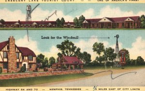 Vintage Postcard 1930's Crescent Lake Tourist Court Windmill Memphis Tennessee