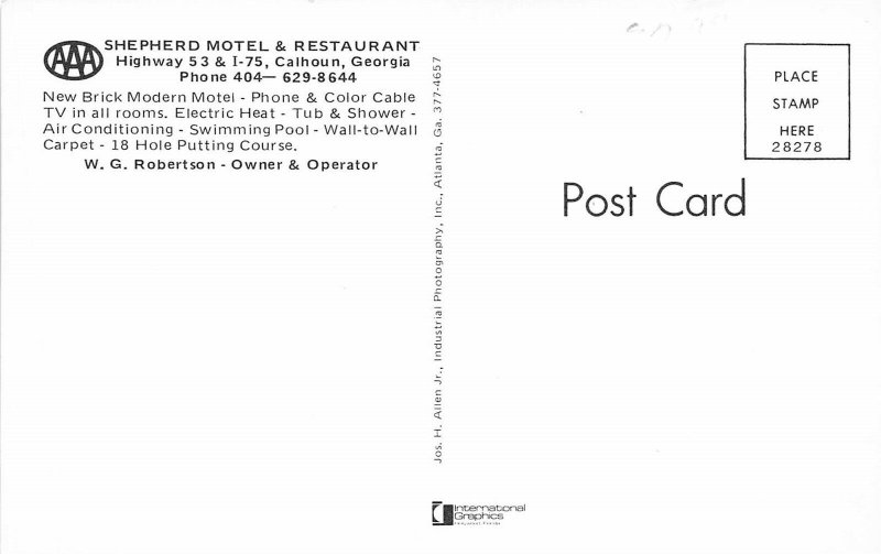 Calhoun Georgia 1960s Postcard Shepherd Motel & Restaurant 