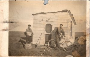 RPPC Shanty Shed Men, Bicycle Accordion antlers Kyrgyz? Real Photo Postcard