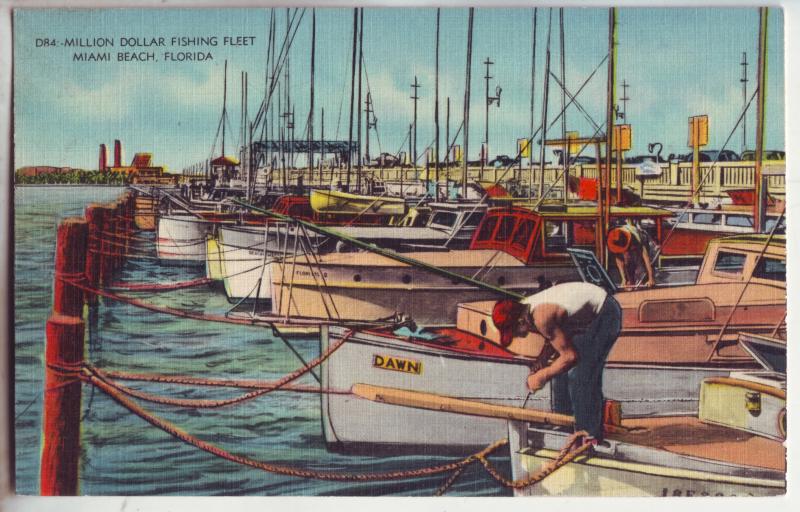 P9011 old linen card many sportfishing boats million dollar pier miami beach fl