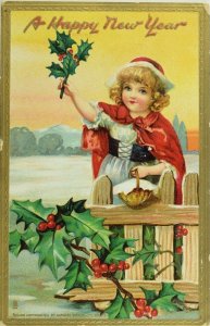 Circa 1910 New Years Little Girl Holly Fence Embossed Vintage Postcard P54