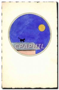 Old Postcard (hand drawing) Cat Moon