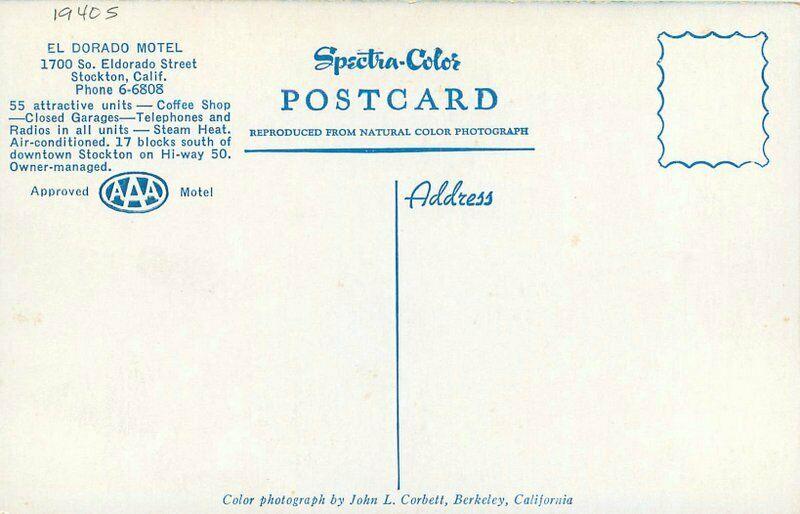 Corbett 1940s El Dorado Motel roadside Postcard Stockton California 3361