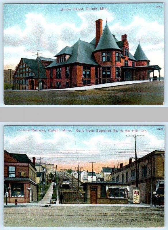 2 Postcards DULUTH, Minnesota MN ~ Incline Railway UNION RAILROAD DEPOT c1910s 