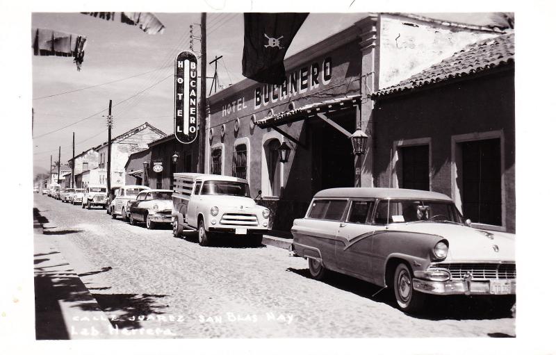 RPPC Hotel Bucanero, San Blas Nay Mexico, Jolly Roger, Vintage Cars Postcard D28