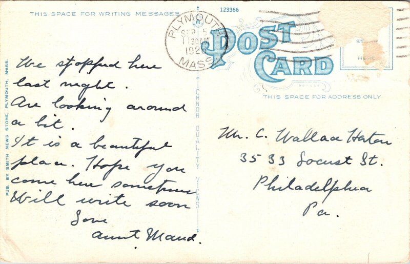 National Monument Forefathers Plymouth Massachusetts Cancel Postcard WOB Note 