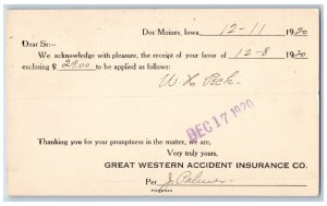 Des Moines Iowa IA Creston IA Postal Card Great Western Accident Insurance 1920