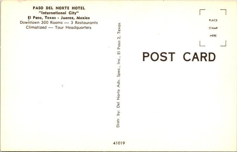 El Paso, TX Texas  PASO DEL NORTE HOTEL~Juarez, Mexico  ARTIST'S VIEW Postcard