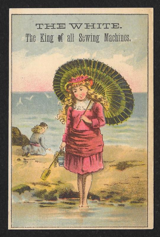 VICTORIAN TRADE CARD White Sewing Co Girl in Dress with Parasol at Beach