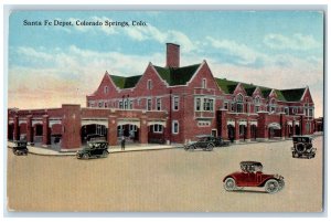 c1950 Santa Fe Depot Station Entrance Classic Cars Colorado Springs CO Postcard