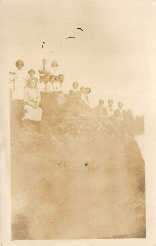 1910s RPPC Real Photo Postcard Young Men & Girl On Rock Cliff Ledge