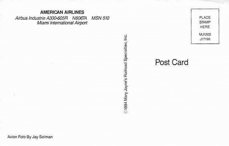  Airplane Postcard  American Airlines Airbus Industries A300-605R N8067A MSN510 