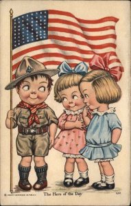 Little Girls Faun Over Boy Scout w/ American Flag HERO OF THE DAY Postcard