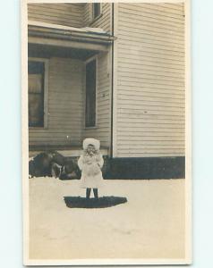 Pre-1920 rppc CUTE GIRL IN WINTER COAT WITH FLUFFY HAT & FUR MUFF r6473