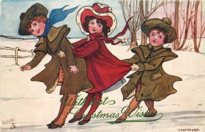 Tuck Christmas Art Postcard 8246 H. Sandford, 3 Girls Try not to Fall on the Ice