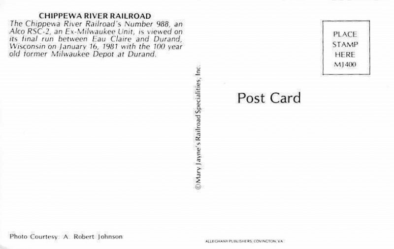 RAILROAD Chippewa River Railroad Number 988 
