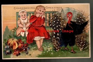 Thanksgiving, Novelty Postcard, Girls with Turkey with Attached Feathers