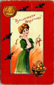 Vintage Postcard Halloween A/S E.C. Banks Woman Peeling Apples JOL Bats 1910 R1