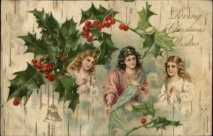 Christmas Children Bell Holly Embossed Winsch c1910s Postcard