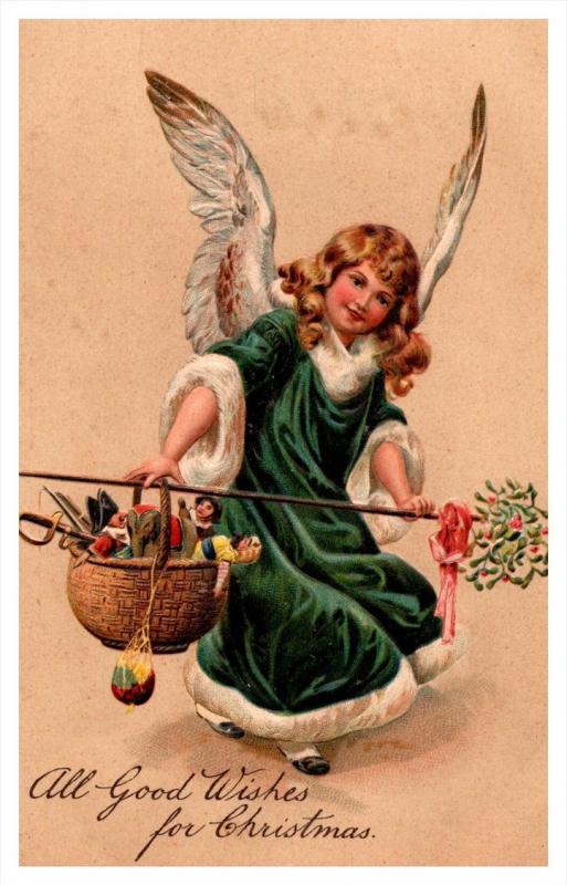 Christmas ,   Angel , Green Robe, carrying pole of Toys
