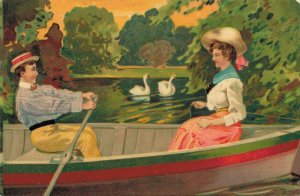Romantic Couple In A Rowing Boat With Swans Vintage Postcard 08.38